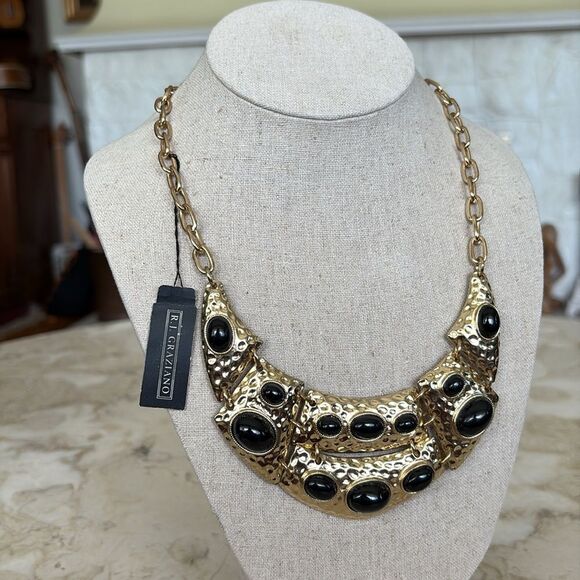 NWT R. J. Graciano Gold Tone & Black Stones Necklace & Bonus Bracelet - Picture 2 of 7